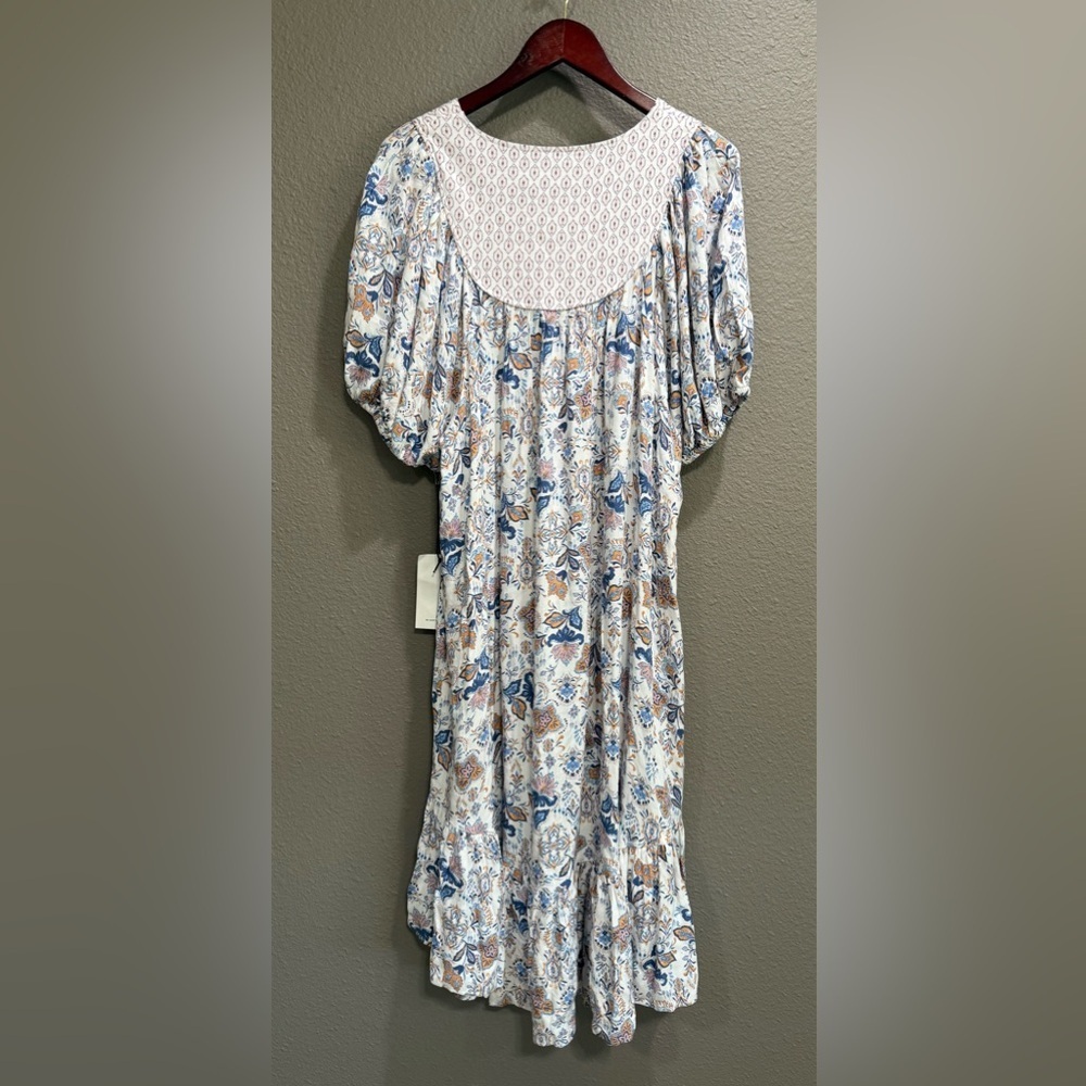 Lucky Brand Puff Dolman Sleeve Boho Floral Midi Dress Ruffle Hem Sz L NWT - Picture 2 of 9
